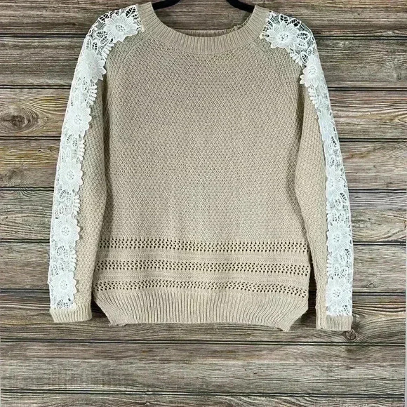 Listicle Floral Lace Sleeve Tan Knit Sweater Top Size Medium - Picture 3 of 7